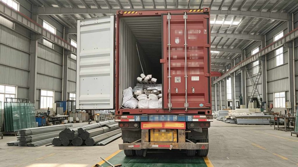40HQ container loading glass conservatory parts at factory warehouse for Australia shipment mid‑August 2026